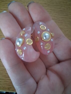 Ann Taylor Pink Resin Hoop Earrings with Pearl and Gold Accents